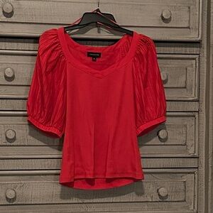 Calligraphie Red Puff-Sleeve Blouse with Scoop V-Neck
